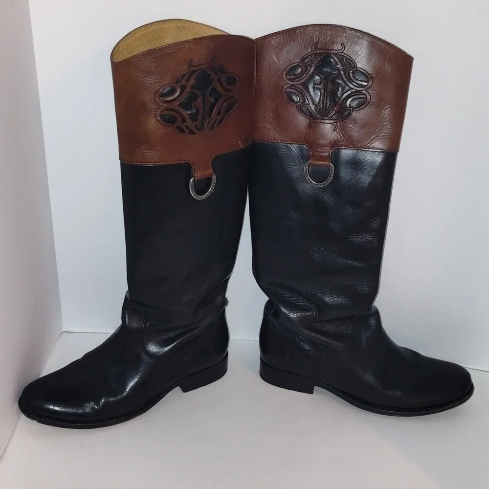 Frye Melissa Logo Monogrammed tall Black Brown Leather Knee High Boots size 7 B